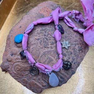 Pink Western Rustic Bandana Necklace with Bronze and Silver Tone Charms